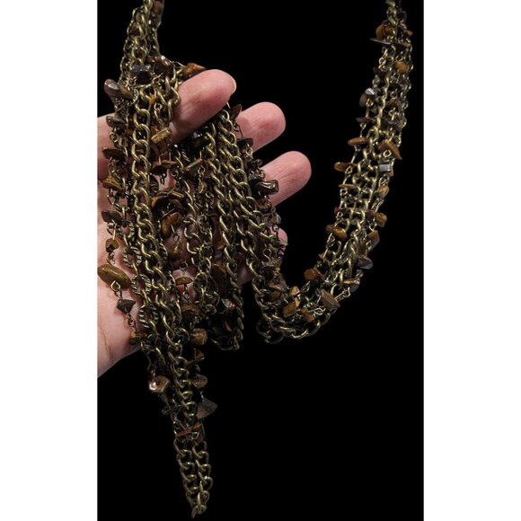 Multilayer Tiger Eye Chip Antiqued Gold Tone Chain Necklace - Picture 6 of 8